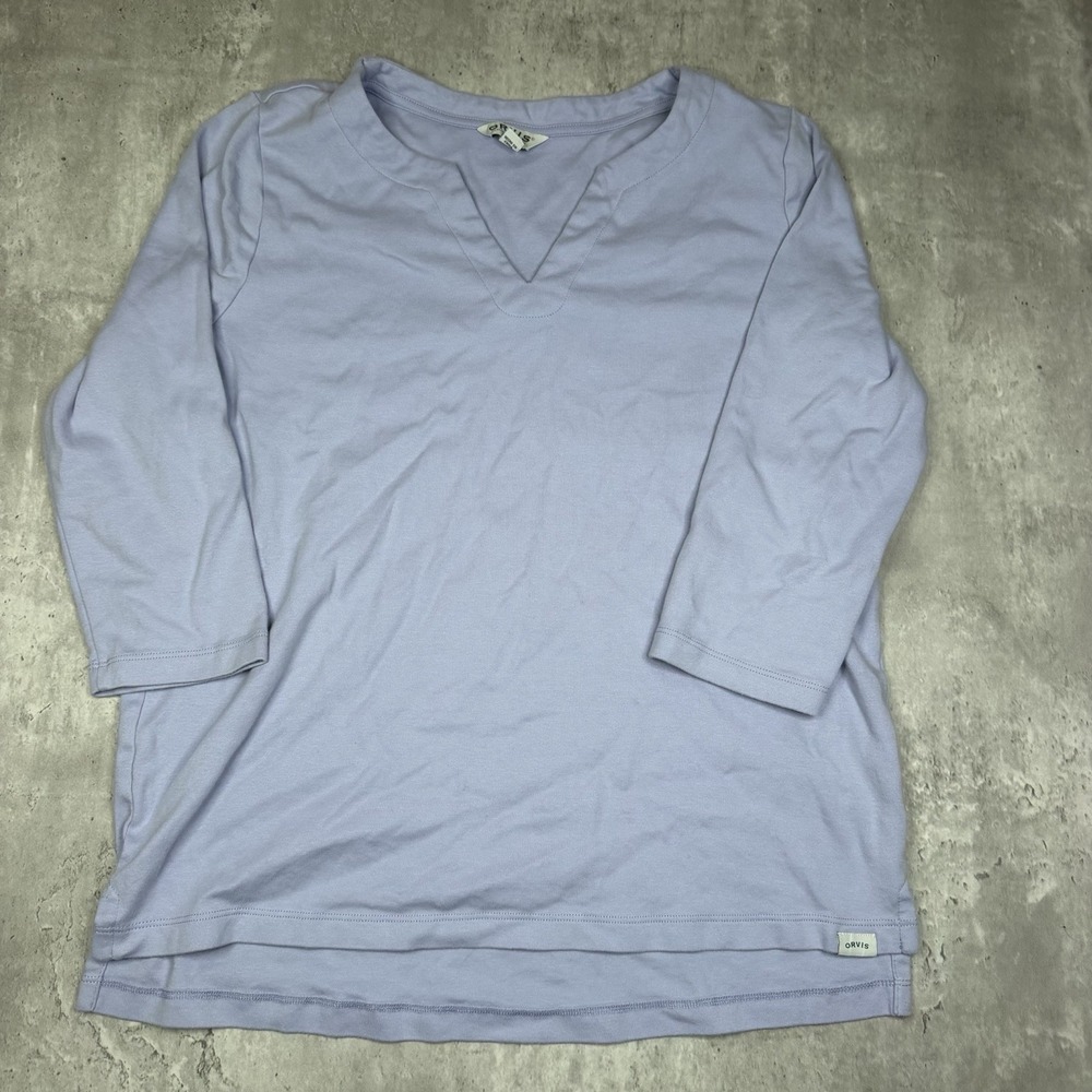 Orvis Classic Collection Womens Top Sz S Blue Pima Cotton V-Neck 3/4 Sleeves